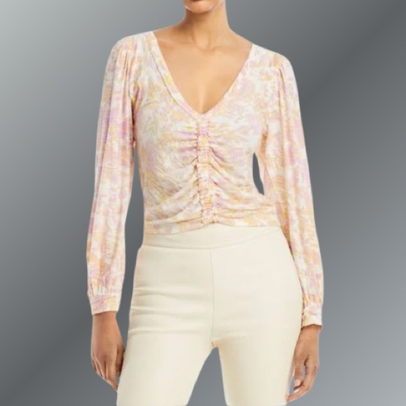 FREE PEOPLE SAY THE WORD CROP TOP Floral Printed Ruched Ivory Pink - Picture 1 of 8